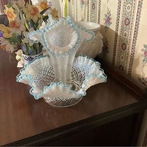 Antique Fenton blue tipped white hobnail glass epergne